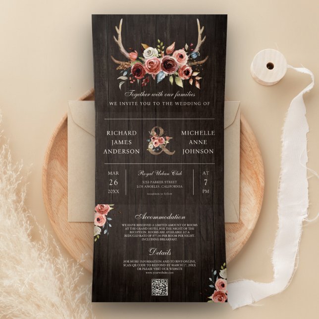 Invitación Tríptica Boda de madera código QR floral terracota Boho ast (Subido por el creador)