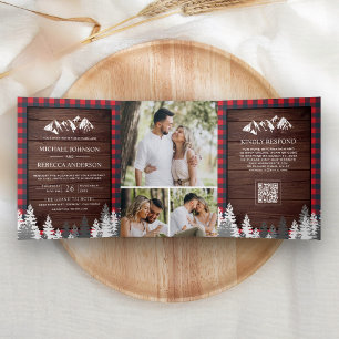Invitación Tríptica Boda de madera con código QR de cuadros de búfalo