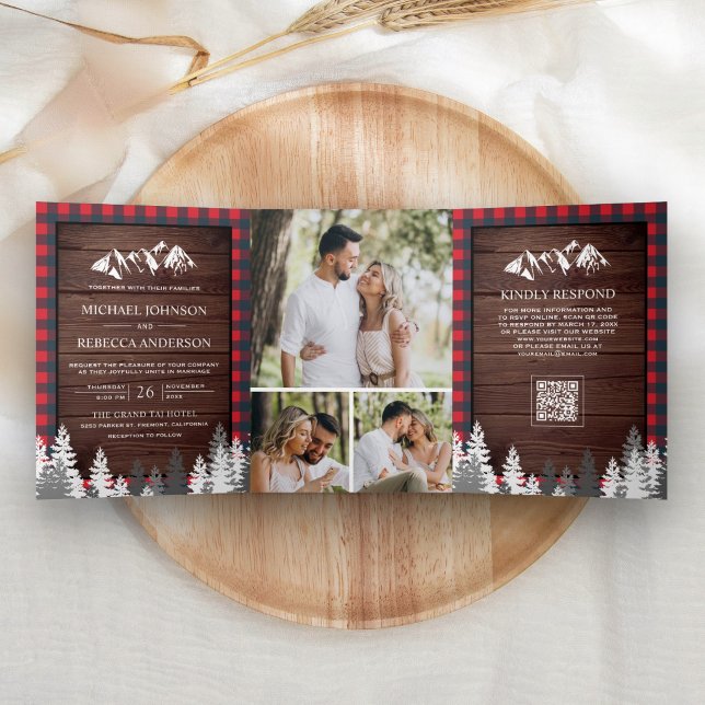 Invitación Tríptica Boda de madera con código QR de cuadros de búfalo  (Subido por el creador)