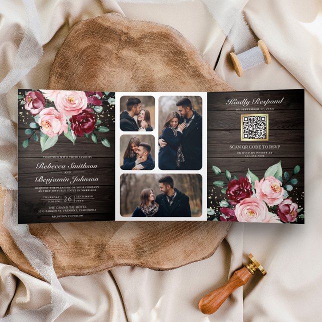 Invitación Tríptica Boda de madera con código QR floral de Borgoña ros (Subido por el creador)