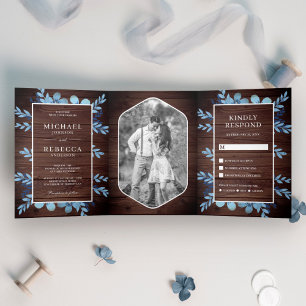 Invitación Tríptica Boda de Madera con Foto Floral de Acuarela Azul Po