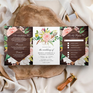 Invitación Tríptica Boda de madera de granero floral rosa de magnolia