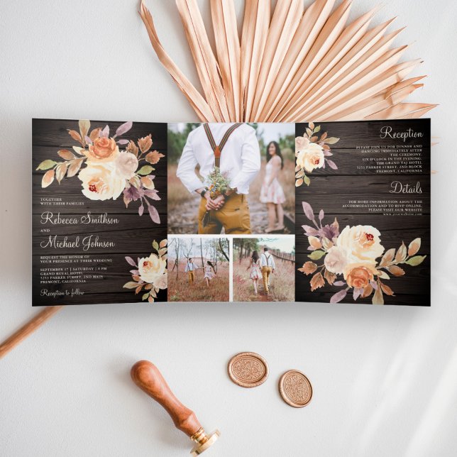 Invitación Tríptica Boda de madera de granero floral Rústico Earthy Du (Subido por el creador)