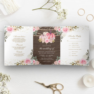 Invitación Tríptica Boda de madera floral de calabaza rosa rústico y d