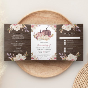 Invitación Tríptica Boda de Madera Floral Marfil Rosa Polvoriento Cala