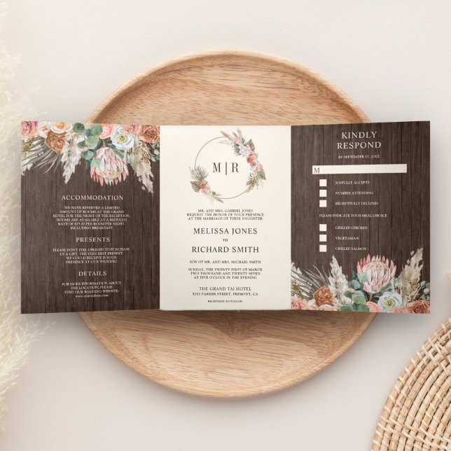Invitación Tríptica Boda de madera rústica boho terrosa floral Pampas  (Subido por el creador)