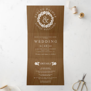 Invitación Tríptica Boda de madera rústica de rosa blanca vintage
