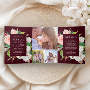 Invitación Tríptica Boda de Magnolia Blanca con Floral Rosa y Borgoña