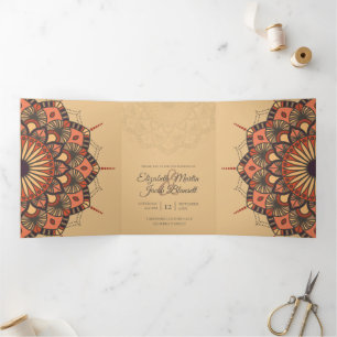 Invitación Tríptica Boda de Mandala de Peach marrón contemporáneo