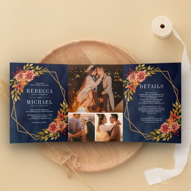 Invitación Tríptica Boda de marco floral del Naranja de la Marina Rusa (Subido por el creador)