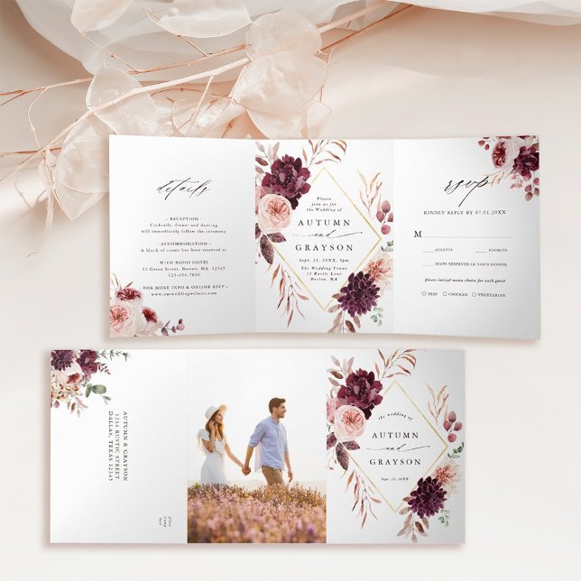 Invitación Tríptica Boda de marco geométrico de oro Romance de otoño (Inside & Outside)