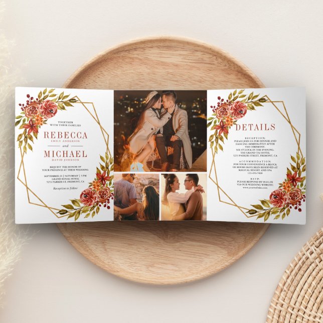 Invitación Tríptica Boda de marco geométrico floral de Naranja rústico (Subido por el creador)