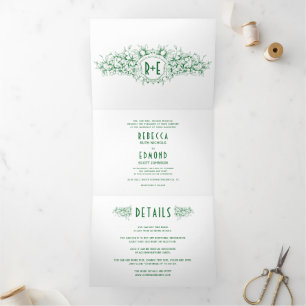 Invitación Tríptica Boda de marco heráldico de esmeralda vintage