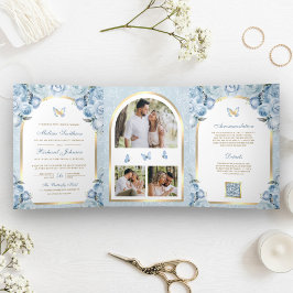 Invitación Tríptica Boda de Mariposa de Arco Dorado Floral Azul Suave