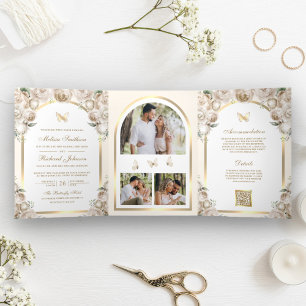 Invitación Tríptica Boda de Mariposa de Arco Dorado Floral Crema de Ma