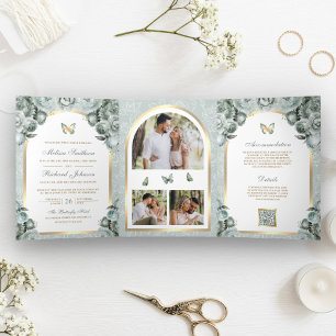 Invitación Tríptica Boda de Mariposa de Arco Dorado Floral Verde Salvi