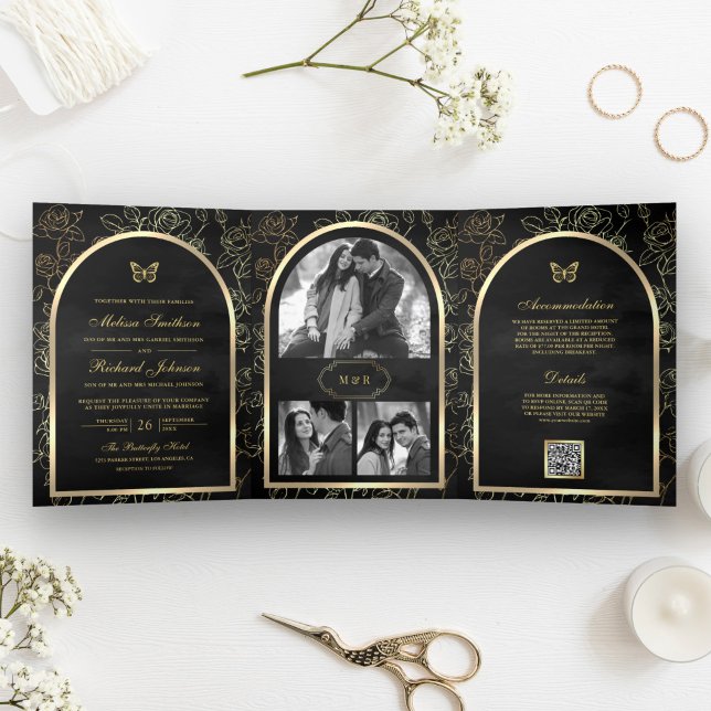 Invitación Tríptica Boda de mariposa de Black Line Art Gold Arch (Subido por el creador)