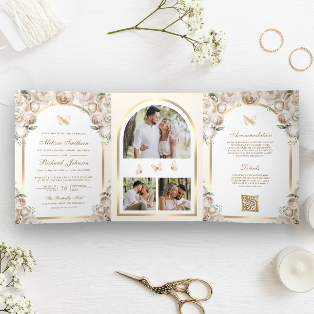 Invitación Tríptica Boda de mariposa marfil-crema floral de oro (Subido por el creador)