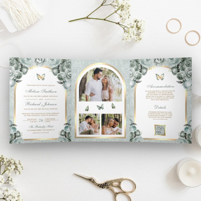 Invitación Tríptica Boda de mariposa Sage Green Floral Gold Arch (Subido por el creador)