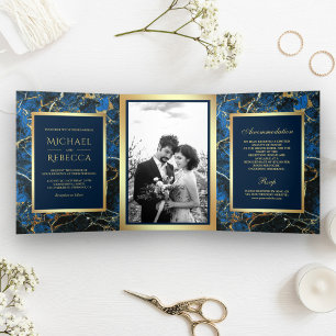 Invitación Tríptica Boda de mármol azul real con falso papel de estaño