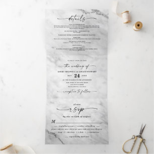 Invitación Tríptica Boda de mármol blanco elegante con papel de plata