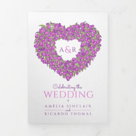 Invitación Tríptica Boda de monograma de arte cardíaco tulipano morado