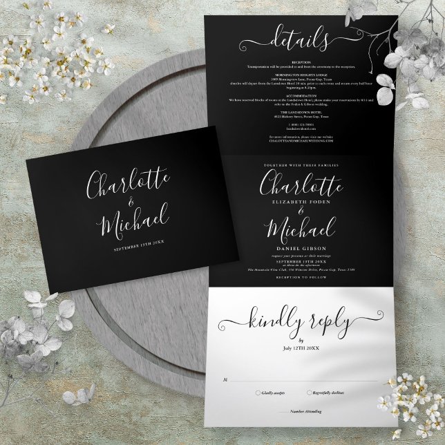 Invitación Tríptica Boda De Monograma De Guión Elegante En Blanco Y Ne (Black And White Elegant Script Monogram Wedding Tri-Fold Invitation)