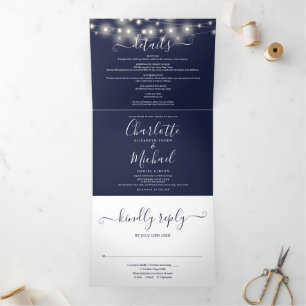 Invitación Tríptica Boda de Monograma de las luces de cadena azul de l