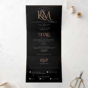 Invitación Tríptica Boda de Monograma de Oro Negro actualizado todo en
