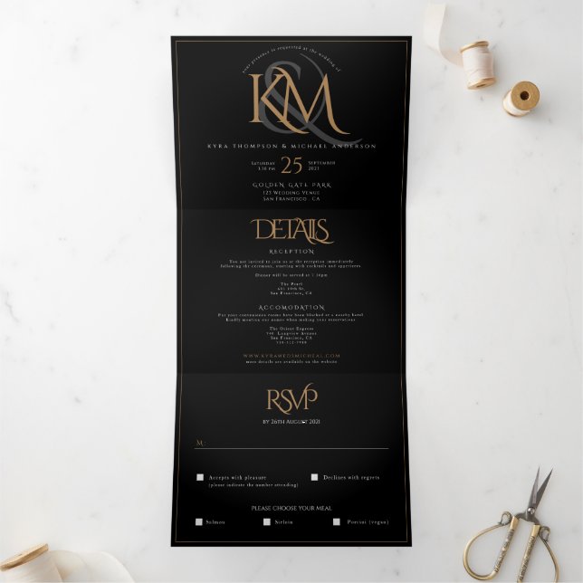 Invitación Tríptica Boda de Monograma de Oro Negro actualizado todo en (Interior)