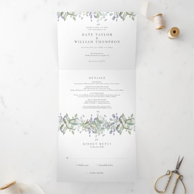 Invitación Tríptica Boda de monograma de vegetación elegante con foto (Interior)