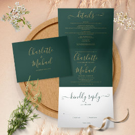 Invitación Tríptica Boda de monograma moderno en verde esmeralda y let