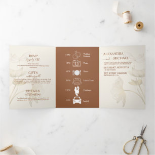 Invitación Tríptica Boda de monograma neutro minimalista beige