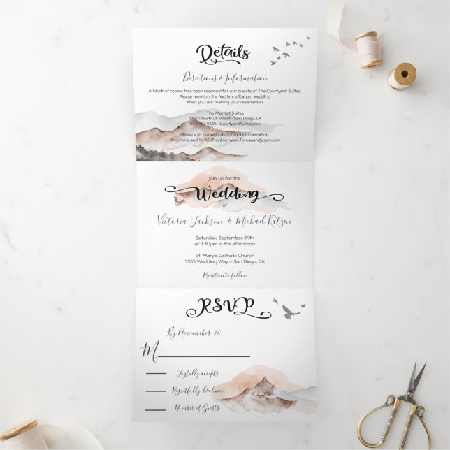 Invitación Tríptica Boda de montaña cálido (Interior)
