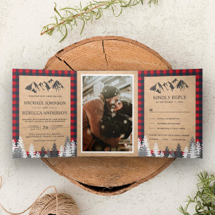 Invitación Tríptica Boda de montaña de cuadros rojos de Kraft rústico