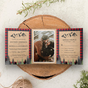 Invitación Tríptica Boda de montaña de cuadros rojos Rustic Kraft
