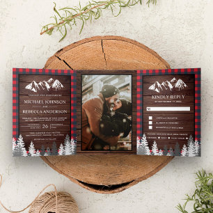 Invitación Tríptica Boda de montaña de plaid rojo de madera rústica