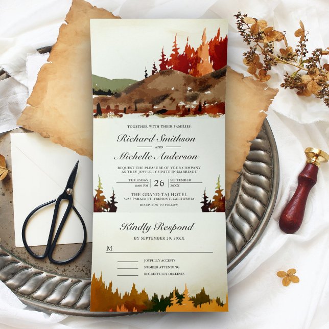 Invitación Tríptica Boda de montaña en bosque otoñal rústico (Subido por el creador)