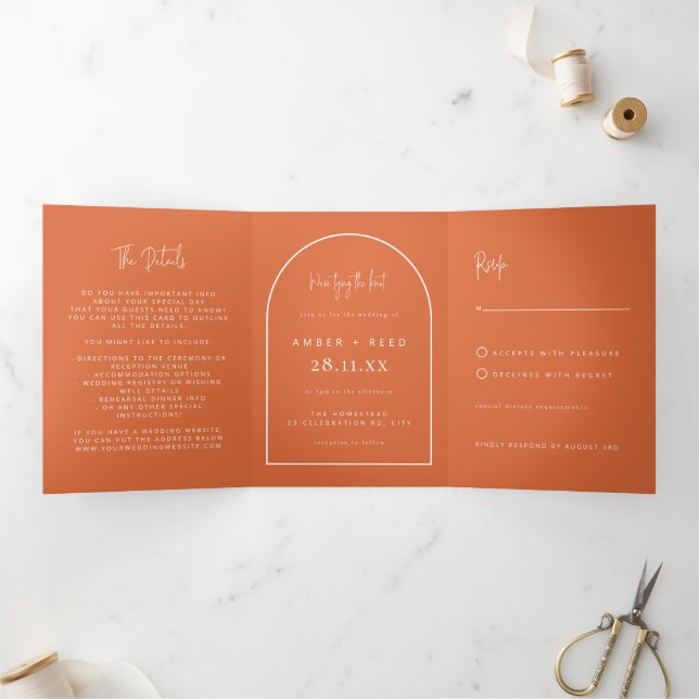 Invitación Tríptica Boda de Naranja quemado de arcos modernos (Interior)