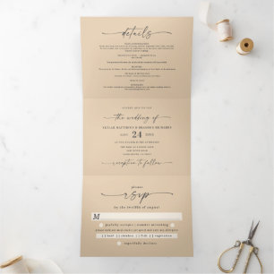 Invitación Tríptica Boda de nombres negrita amarillo pálido minimo sim