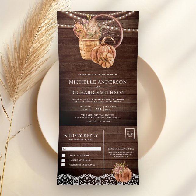 Invitación Tríptica Boda de otoño de calabaza boho de madera de graner (Subido por el creador)