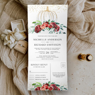 Invitación Tríptica Boda de otoño de la Calabaza Blanca Floral de Borg