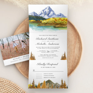 Invitación Tríptica Boda de otoño rústico en el bosque de montaña junt