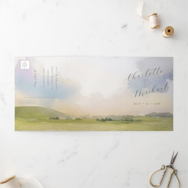 Invitación Tríptica boda de paisaje de acuarela (Exterior)