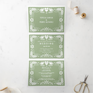 Invitación Tríptica Boda de pájaros amorosos verde sabio papel picado