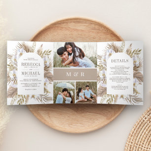 Invitación Tríptica Boda de palma seca de orquídea blanca Pampas Boho