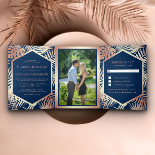 Invitación Tríptica Boda de palmas tropicales azul y Rosa de la Marina