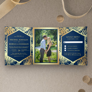 Invitación Tríptica Boda de palmas tropicales de Relieve metalizado do
