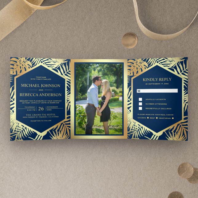 Invitación Tríptica Boda de palmas tropicales de Relieve metalizado do (Subido por el creador)