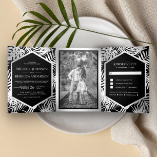 Invitación Tríptica Boda de palmas tropicales negro y Relieve metaliza